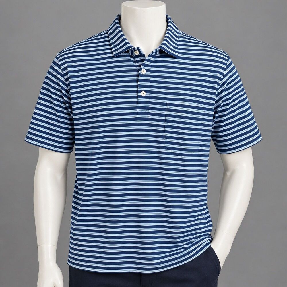 NWT B. Draddy Men Medium Porath Blue White Stripe Pima Cotton Golf Polo Shirt
